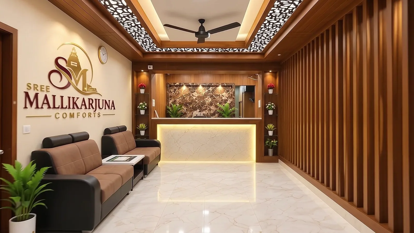 Reception desk lit from within, flanked by wooden slats and potted plants
